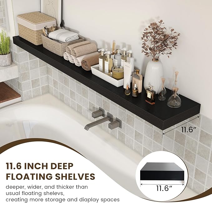 72 Inch Black Floating Shelf | 12 Inch Deep Floating Shelves Set of 1 | 72