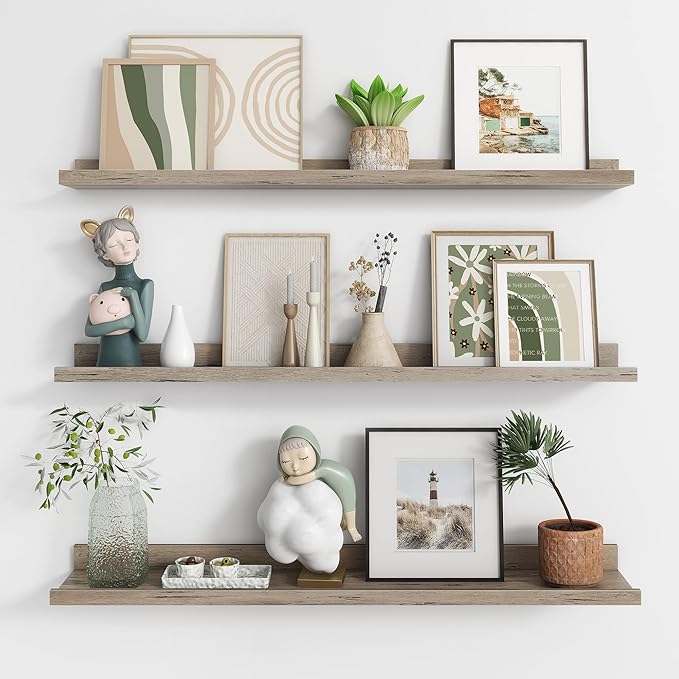 Axeman 36 Inch Floating Shelves | Grey Picture Ledge Shelf Set of 3 | Rustic Grey Wood Wall Shelves with Lip | 36