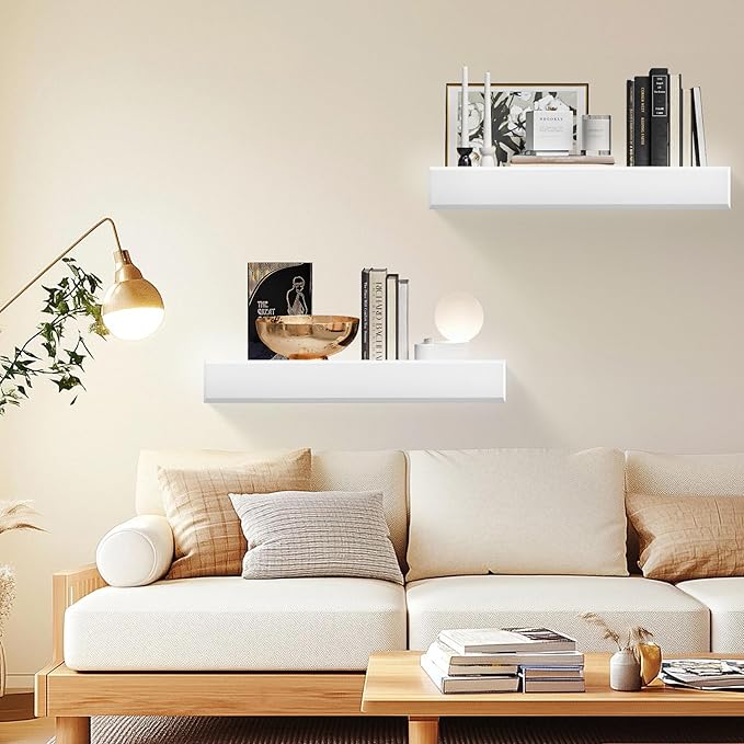 24 Inch Picture Ledge Shelf with Lip,Floating Shelves for Wall, Set of 2 Solid Pine Wood Shelves with Invisible Brackets, Wall Storage for Living Room, Bedroom, Kitchen, Bathroom(White)