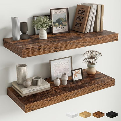 Fun Memories 12 Inch Deep Floating Shelves for Wall, 30 Inch Long Floating Shelf, 30 x 12 Shelf for Wall, Rustic Wood Bookshelves, Hanging Shelves for Bathroom Kitchen Bedroom, Rustic Brown, Set of 2
