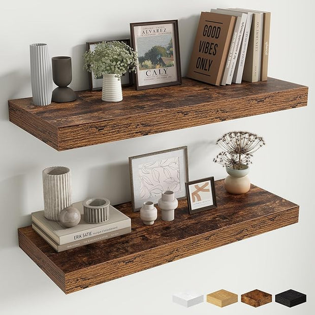 Fun Memories 12 Inch Deep Floating Shelves for Wall, 30 Inch Long Floating Shelf, 30 x 12 Shelf for Wall, Rustic Wood Bookshelves, Hanging Shelves for Bathroom Kitchen Bedroom, Rustic Brown, Set of 2