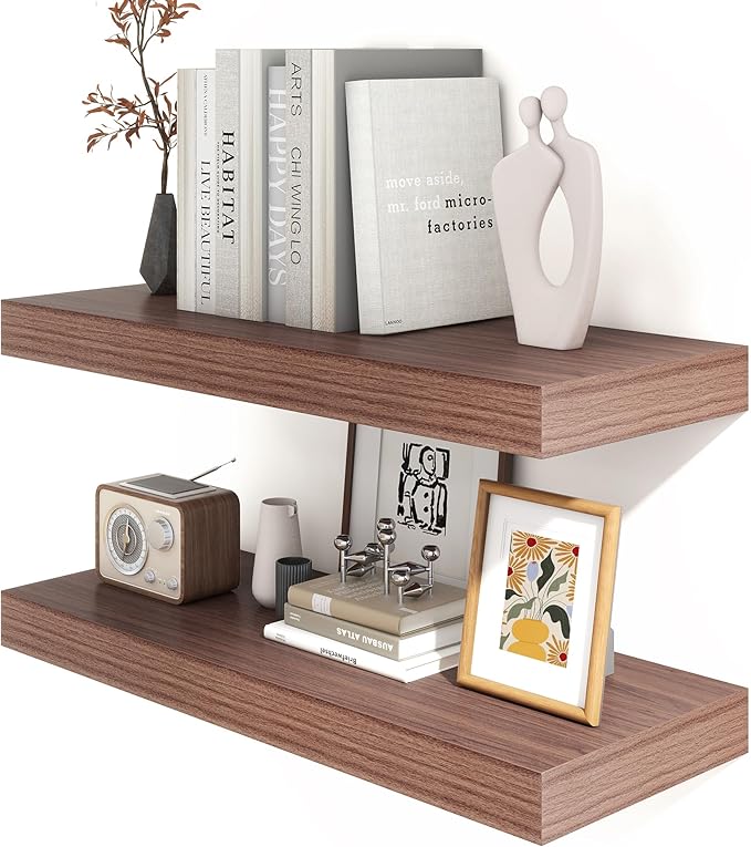 30 Inch Floating Shelves | 12 Inch Deep Walnut Floating Shelves Set of 2 | 30" W x 12" D Rustic Wood Shelves for Wall | Deep Walnut Shelves for Living Room Bathroom Laundry Room Kitchen