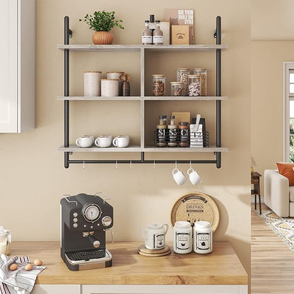 Bestier 41" Floating Kitchen Shelves Wall Mounted 3 Tier Coffee Bar Mug Shelf Hanging with 8 Hooks Display Plant Pipe Shelving for Living Room Kitchen Bathroom Balcony, Retro Grey