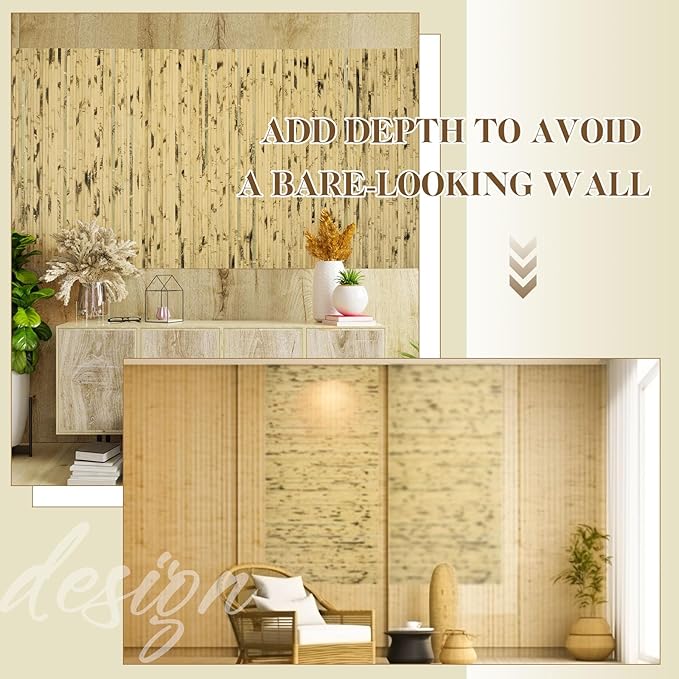 Juexica 2 Pcs Natural Bamboo Wall Panel for Interior Wall 48''x96'' Bamboo Covering Renewable Pole Wainscoting Room Divider Wrap Decor for Bedroom Living Room Kitchen Island Office (Light Burned)