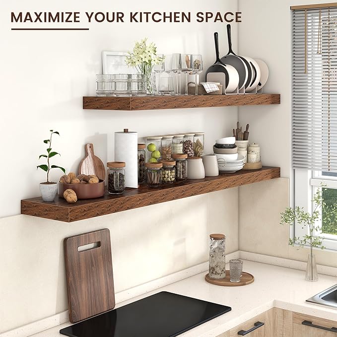 Floating Shelves for Wall, 72 Inch Wide x 12 Inch Deep Floating Shelves, Long Wood Floating Wall Shelf Shelves for Living Room Bathroom Bedroom Kitchen Home - (Brown, 72
