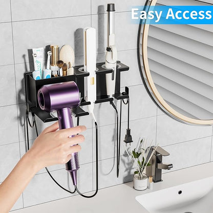 Hair Dryer Holder Wall Mounted, Metal Hair Tools Organizer, Hair Dryer Holder for Blow Dryer, Curling Iron, Straightener, Bathroom Hair Accessories Tools Organizer, Black