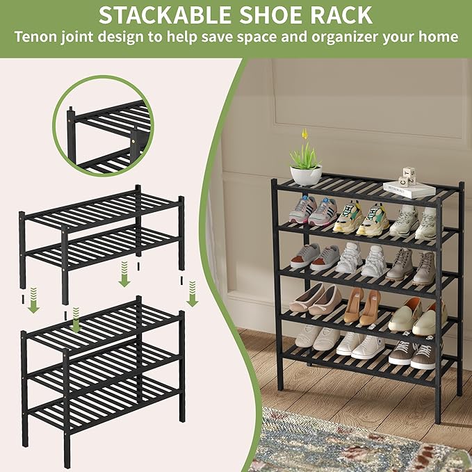 3 Tier Bamboo Shoe Rack for Closet Free Standing Wood Shoe Shelf Storage Organizer for Entryway Small Space Stackable 27