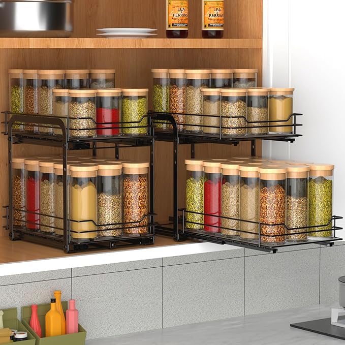 2-Tier Spice Rack, Pull Out Spice Racks Organizer for Cabinet, Height Adjustable Heavy Duty Metal Basket for Inside Cabinets & Pantry Closet (7.5''Wx10.5''Dx9.5''H)