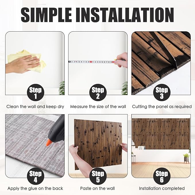 FONUNO Bamboo Wall Panel for Interior Decoration Bamboo Pole Wrap Roll Natural Wainscoting Paneling Decorative Wall Slat Covering for Living Room, Bedroom, Office (48 Inch x 96 Inch, Dark Burned)