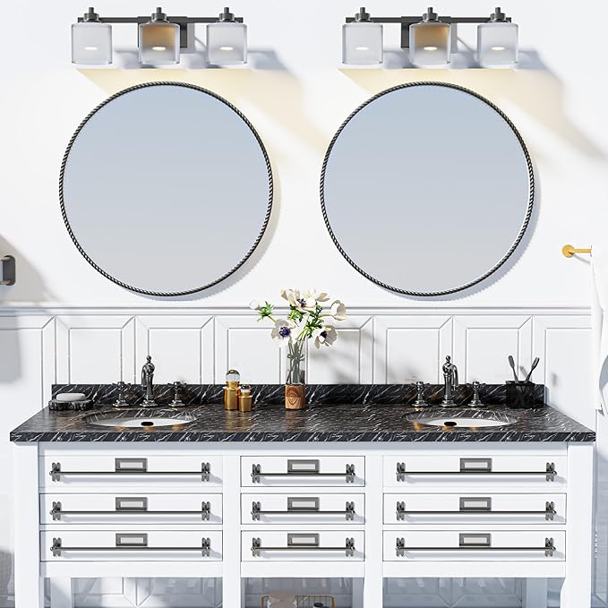 PROHOMEWARE Black Round Bathroom Mirrors, 28 inch Circle Wall Mounted Hanging Mirror for Entryway, Living Room, Hallway, Bathroom, Bedroom