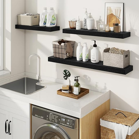 fuqing Floating Shelves for Wall, Wall Mounted Wood Floating Shelf with Invisible Brackets for Living Room, Bathroom, Bedroom, Kitchen Storage and Decor, 16 Inch Set of 2, Black