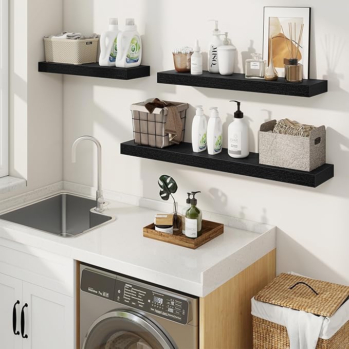 fuqing Floating Shelves for Wall, Wall Mounted Wood Floating Shelf with Invisible Brackets for Living Room, Bathroom, Bedroom, Kitchen Storage and Decor, 40 Inch Set of 2, Black