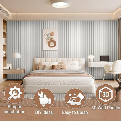 16 Packs 3D Wall Panels, 48 x 6 Inch WPC Slat Wall Panels for Wall Decor, Living Room, Bedroom, Office, Fluted Accent Wall Paneling for TV Background Study Room, Light Oak