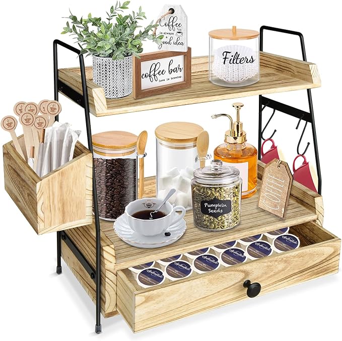 Coffee Bar Accessories and Organizer Countertop, Coffee Station Organizer Kitchen Counter Shelf, Condiment Storage,Cup Lid Holder Countertop Shelf for Bathroom