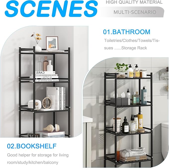 5 Tier Bathroom Storage Open Shelf Unit, Free-Standing Metal Corner Rack Shelving for Kitchen, Living Room, Hallway (Black, Wider 5 Tier)