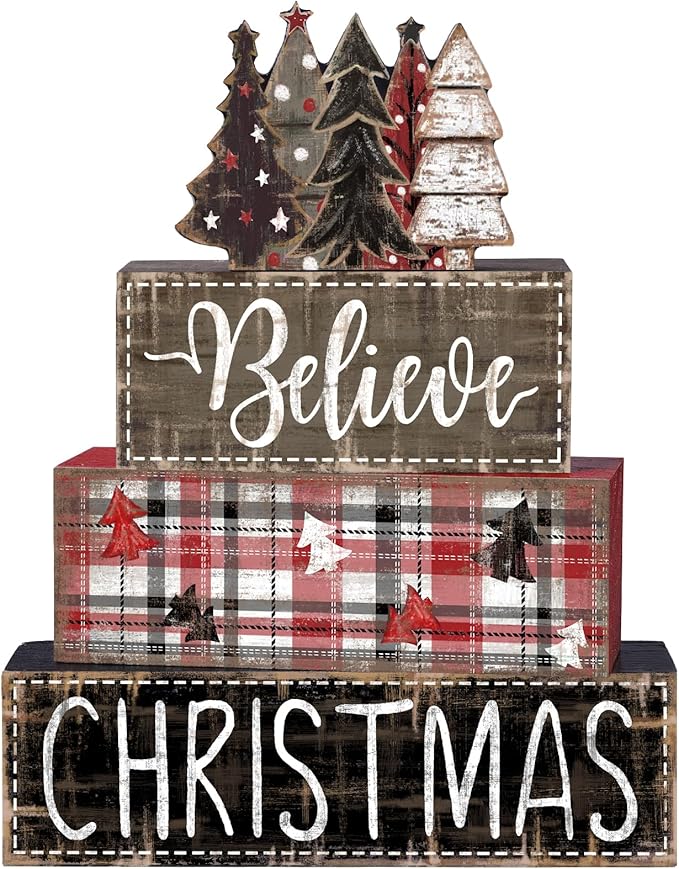 DIYDEC 4Pcs Christmas Table Decoration Christmas Tree Wooden Block Sign Xmas Tiered Tray Decor Winter Centerpiece Decorative Sign for Holiday Tabletop Coffee Fireplace Shelf Desk Party Decor