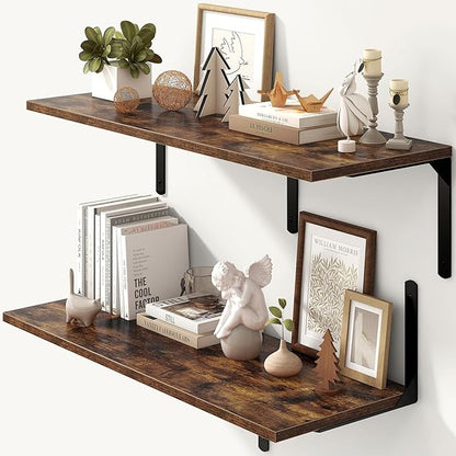 Fun Memories Rustic Brown 12 Inch Deep Floating Shelves Set of 2, Wall Mounted Shelf with Metal Brackets, Rustic Wood Wall Shelf for Bathroom, Kitchen and Living Room, Rustic Brown, 36W x 12D