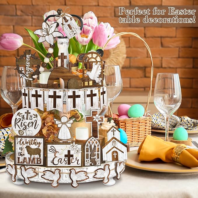 Amyhill 31 Pcs Religious Easter Tiered Tray Decor Christian Easter Decorations He is Risen Christian Wooden Signs Farmhouse Cross Lily Dove Table Decor for Home Kitchen Shelf Coffee Bar