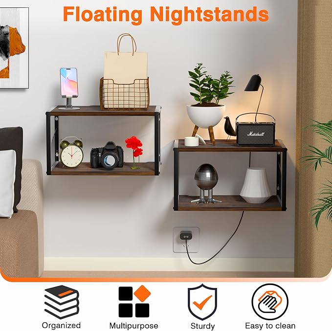 Floating Nightstand, Wood Floating Bedside Table with Cable Hole, Wall Mounted Nightstand for Bedroom, Living Room, Bathroom, Kitchen (Rustic Brown)