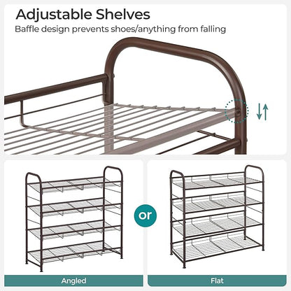SONGMICS Stackable Shoe Rack, 4 Tier Metal Shoes Rack Storage Shelf, Holds up to 16 Pairs Shoes, Adjustable Slanted Shelves Tower Organizer for Closet Entryway Small Spaces, Bronze