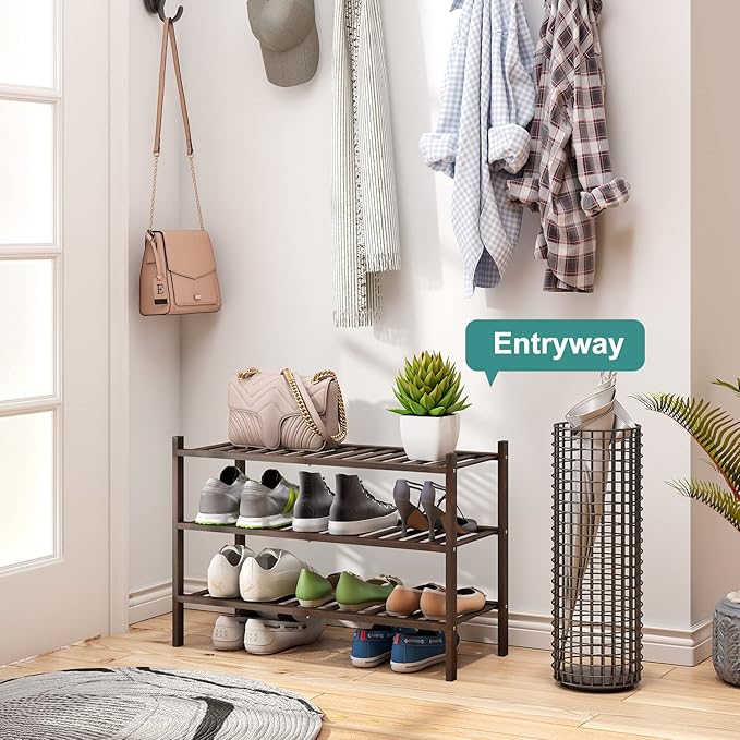 Shoe Rack for Closet, 3-Tier Bamboo Wood Shoe Racks, Stackable | Beautiful | Natural | Functional | Sturdy, Bamboo Shoe Rack for Entryway Hallway Closet