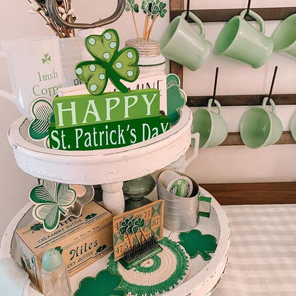 Happy St. Patrick's Day Wood Block Table Sign, Wooden Shamrock Table Top Decorations Tiered Trays Desk Shelf Irish Home Office Coffee Bar Decor 3 Pieces Green