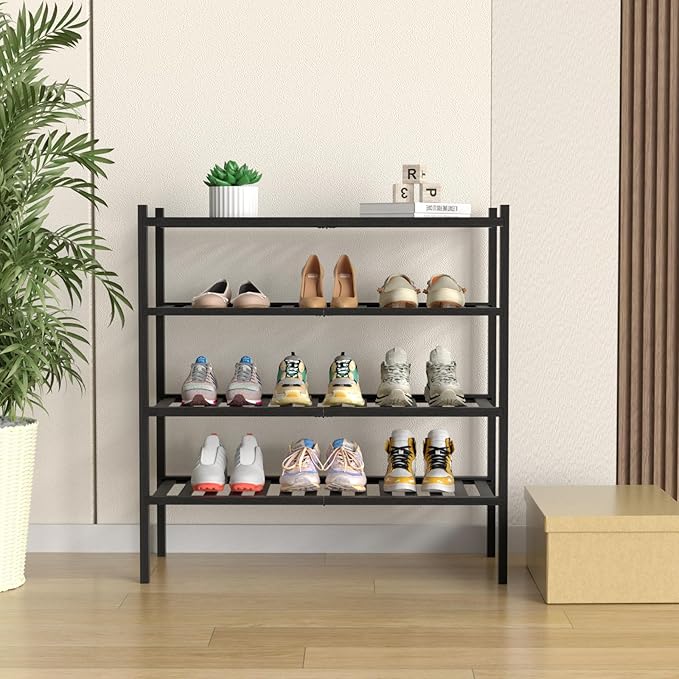 4 Tier Bamboo Shoe Rack for Closet Free Standing Wood Shoe Shelf for Entryway Small Space Stackable 27