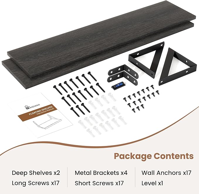 Axeman 55 Inch Floating Shelves | 8 Inch Deep Black Wall Shelves Set of 2 | 55
