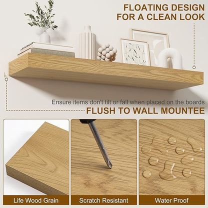 Fun Memories Floating Shelves for Wall, 48Inch Floating Shelves Set of 2, Hanging Shelf with Invisible Brackets, Wood Shelves for Living Room, Bedroom, Kitchen, Oak