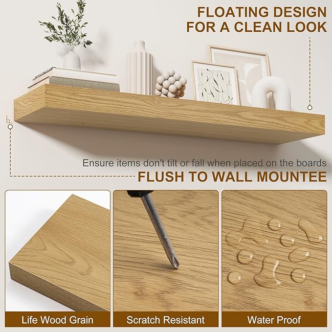 Fun Memories Floating Shelves for Wall, 24Inch Floating Shelves Set of 2, Hanging Shelf with Invisible Brackets, Wood Shelves for Living Room, Bedroom, Kitchen, Oak
