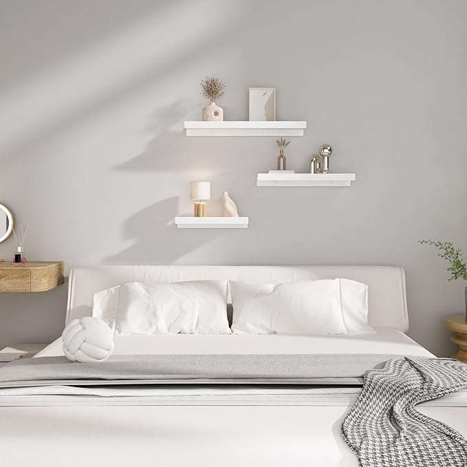 Floating Shelves for Wall, Wall Mounted Shelves with Lip for Storage, Metal Display Shelves for Home Decor, Kitchen/Living Room/Bedroom/Bathroom Shelf, White 16 inch 2 Pack