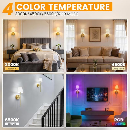 LUTEC Battery Operated Wall Sconce Set of 2,Rechargeable Wall Sconce, 12 Colors Wireless Wall Sconces with 5200mAh RGB Dimmable and Remote,Rechargeable Sconces Decor for Bedroom/Living Room/Hallway