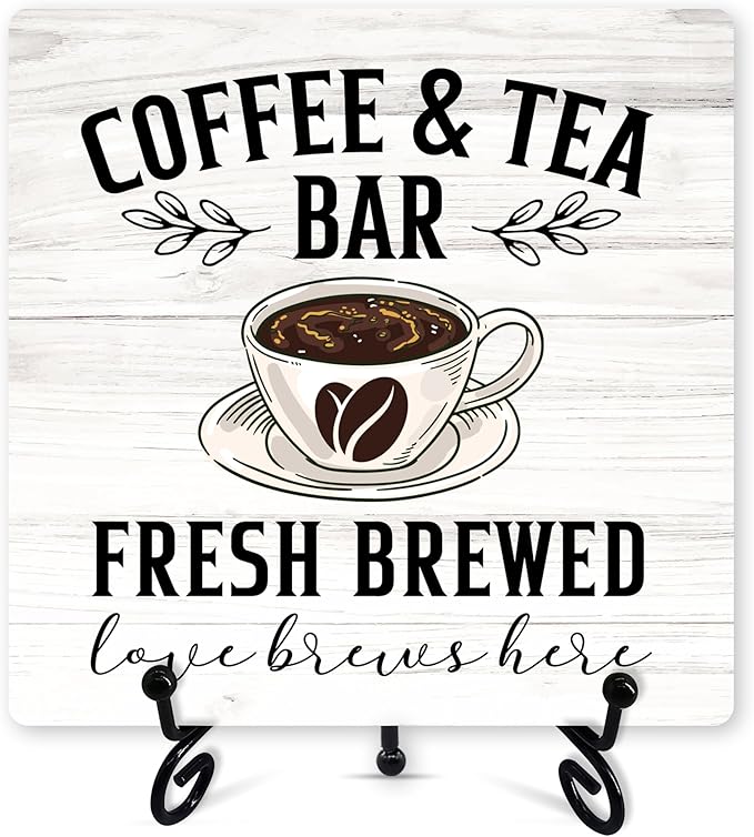 Coffee Sign Desk Decor, Coffee And Tea Bar Sign With Iron Stand, Wood Plaque For Farmhouse Home Kitchen Cafe -51