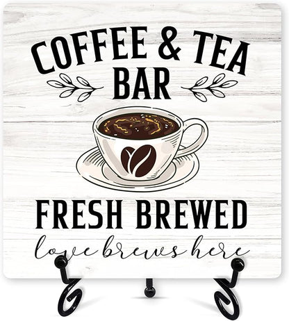 Coffee Sign Desk Decor, Coffee And Tea Bar Sign With Iron Stand, Wood Plaque For Farmhouse Home Kitchen Cafe -51