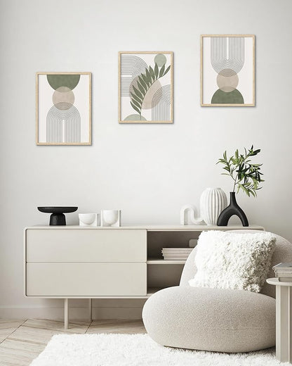 HesenDot Unframed Boho Sage Green Canvas Prints,12x16in Botanical Line Wall Art,Set of 3 Abstract Geometric Posters Decor,Minimalist Modern Green Artwork for Living Room Bedroom Bathroom Office Home