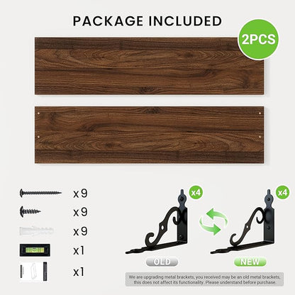 RICHFOCUS Floating Shelves for Wall Decor, 31.5W x 8D Shelves Set of 2, 8" Deep Rustic Wood Floating Shelves Wall Mounted with Metal Brackets, Shelves for Living Room Bedroom Kitchen, Walnut
