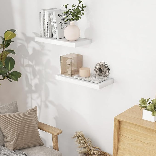 Fun Memories 16 Inch Long Floating Shelves in White, 9.3 Inch Deep Floating Shelf for Wall, Living Room, Kitchen, Rustic Deep Wood Shelves for Bathroom, 2 Pack Storage Display Shelf for Books, Decor