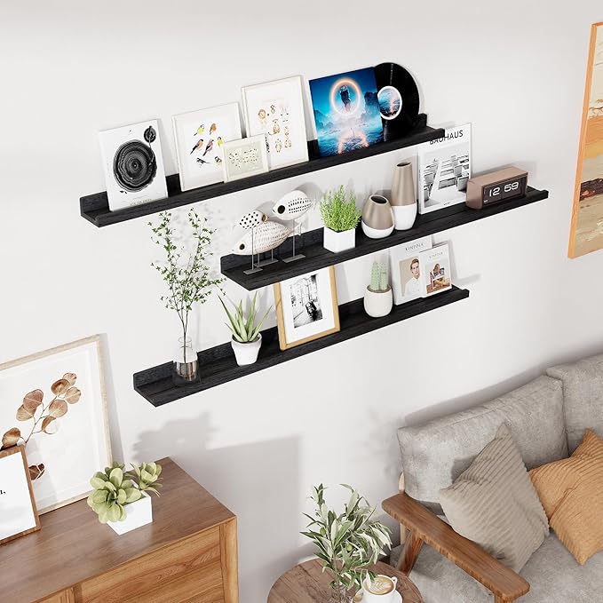 RICHFOCUS Floating Shelves for Wall, 48 inch Solid Wood Picture Ledge Shelf for Wall Storage, Nursery Book Shelves with Lip for Living Room Bathroom Bedroom Kitchen, Set of 3, Distressed Black