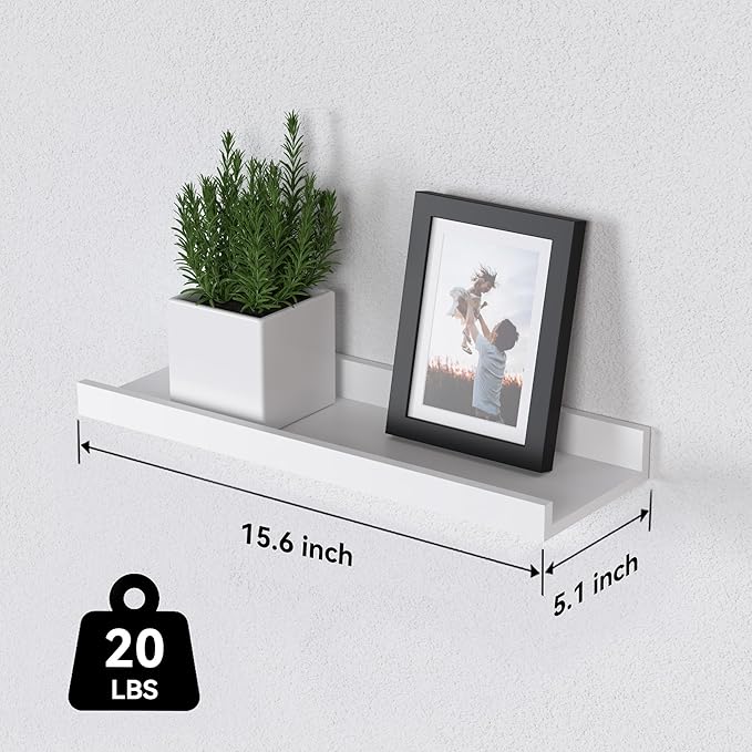 Floating Shelves Set of 6, White Wall Shelves with Lip, Display Shelves for Wall Decor, Modern Picture Ledge for Living Room, Bedroom, Nursery, Bathroom, Pictures, Books, Plants- White