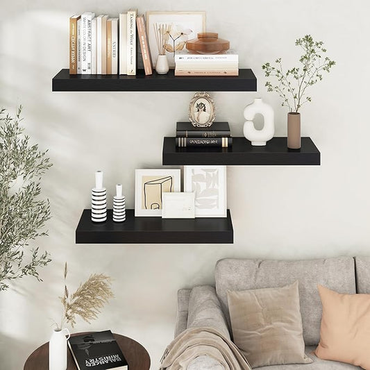 Floating Shelves for Wall, 30" W x 12" D x 2" H, 2 Pack of Long Wall Mounted Engineered Wood Shelves with Invisible Brackets for Living Room, Bedroom, Bathroom, Kitchen Decor, Black