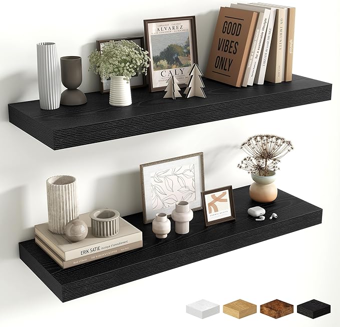 Fun Memories Floating Shelves for Wall, 32 Inch Long Floating Shelves Set of 2, 32 x 10 Wooden Shelves for Wall, Large Storage Shelves, Hanging Shelves for Bathroom Kitchen Bedroom, Black