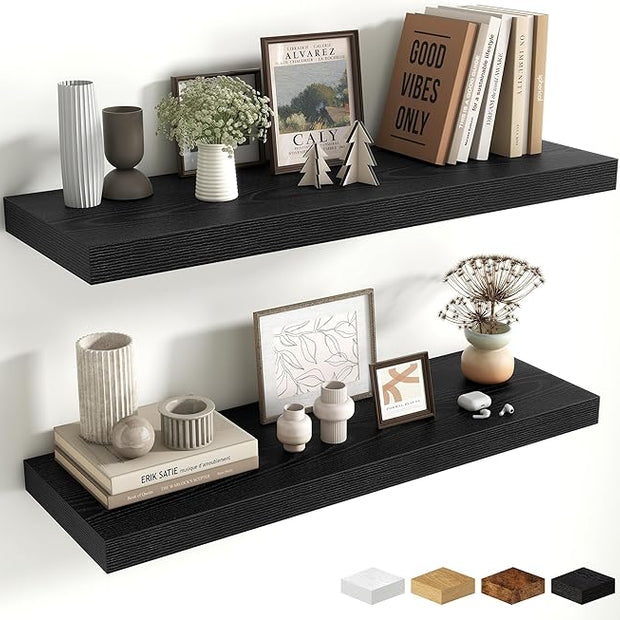 Fun Memories Floating Shelves for Wall, 32 Inch Long Floating Shelves Set of 2, 32 x 10 Wooden Shelves for Wall, Large Storage Shelves, Hanging Shelves for Bathroom Kitchen Bedroom, Black