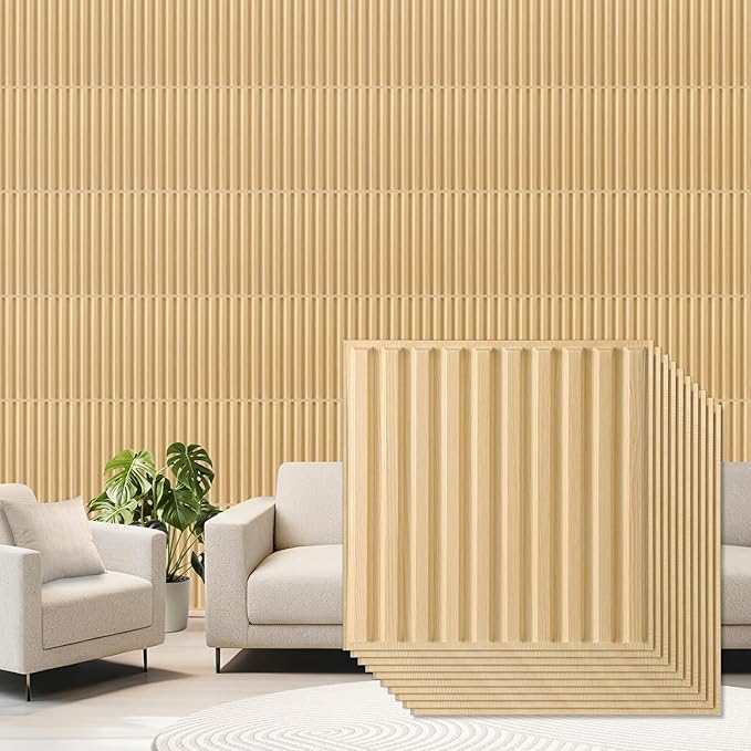 Qidejoy 33 Pcs 3D PVC Slat Wall Panels 12X12in Fluted Textured Paneling Modern Decorative Tiles Cuttable Paintable DIY Wall Art for Interior Decor, Bedroom, Farmhouse, Ceiling, TV Background (Oak)