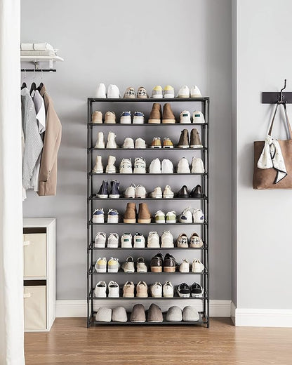 SONGMICS Shoe Rack, 10-Tier Shoe Storage Organizer, Space-Saving, 11 x 32.7 x 62.6 Inches, Entryway, Metal Frame, Non-Woven Fabric Shelves, Ink Black ULSR210B02