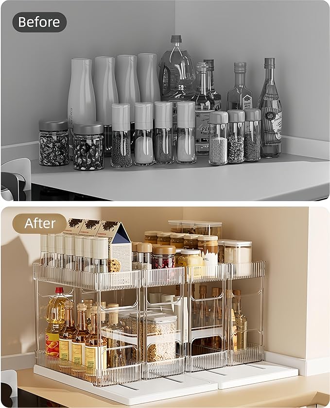 Pull Out Spice Rack Organizer for Cabinet, Rotatable 2 Tier Slide Out Seasoning Organizer and Storage Adhesive Vertical Spice Rack Shelf Pullout for Kitchen Cabinets(2 Drawer, Acrylic)