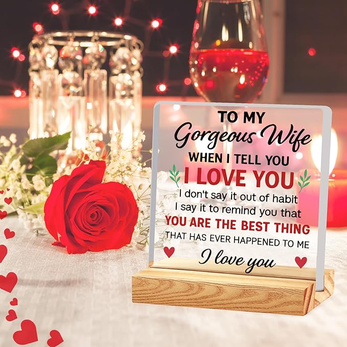 Valentines Desk Decor, Happy Valentine's Day Home Office Table Sign for Porch Tiered Tray Shelf Party, Rustic Romantic Acrylic Gifts Decorations for Him Her Wife, To My Gorgeous Wife