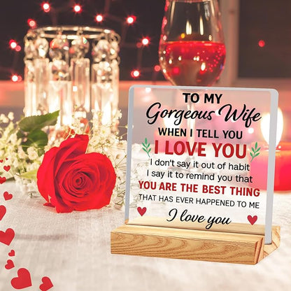 Valentines Desk Decor, Happy Valentine's Day Home Office Table Sign for Porch Tiered Tray Shelf Party, Rustic Romantic Acrylic Gifts Decorations for Him Her Wife, To My Gorgeous Wife
