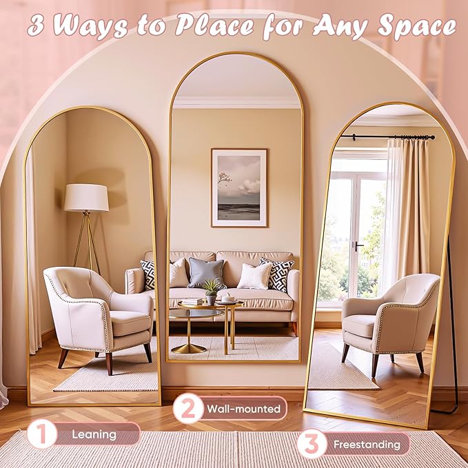 Full Length Mirror, 64" x 21" Arched Full Body Mirror Large Standing Floor Mirrors, Mirrors for Bedroom, Bathroom, Living Room Standing or Wall Leaning, Gold