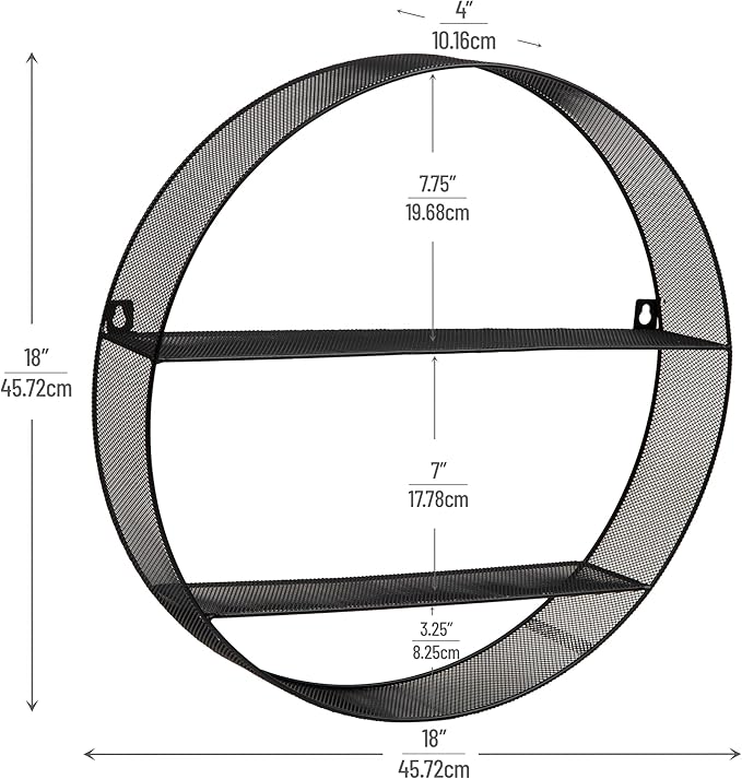 Mind Reader Circular Floating Shelves, Wall Decor, Accent Shelf, Office, Bathroom, Metal Mesh, 18" L x 4" W x 18" H, Black