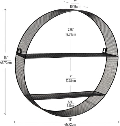 Mind Reader Circular Floating Shelves, Wall Decor, Accent Shelf, Office, Bathroom, Metal Mesh, 18" L x 4" W x 18" H, Black